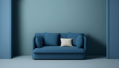 modern interior design with empty blue wall and a sofa -AI Generative 
