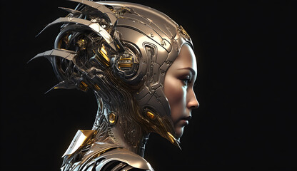 head of a female robot isloated ,black backdrop-AI Generative 
