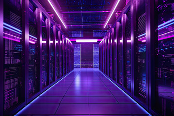 Fototapeta premium generative ai illustration of a modern high technology server room in purple neon colors