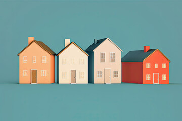 illustration of four row houses on blue background with copy space