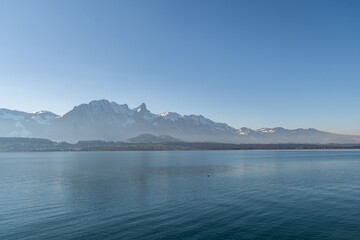 View over the lake of Thun from Oberhofen in Switzerland
