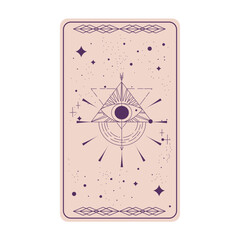 Tarot card with mystic eye pyramid isolated. Boho esoteric tarot card with eye and star. Vector illustration. Sacred geometry celestial triangle