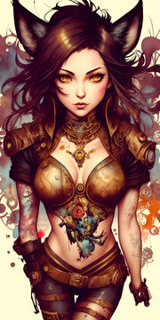 Luxx Steam - Steampunk Catgirl, Brown Haired Cat Girl, Cat Girl in Armor, Armored Woman, Cat Ears, Cat Girl, AI Graphics, AI