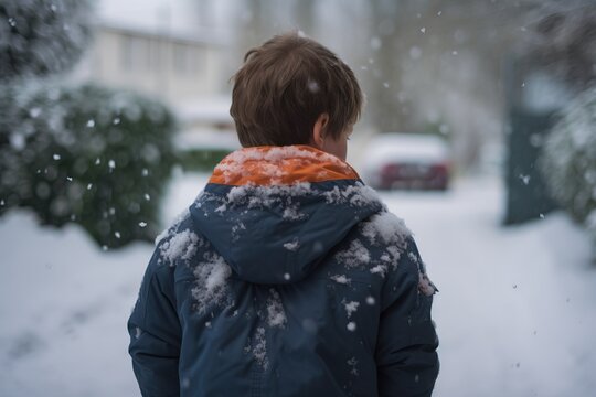  A Young Boy Standing In The Snow In A Parka Looking At The Snow Falling On His Jacket And Jacket On His Head And A House In The Background.  Generative Ai