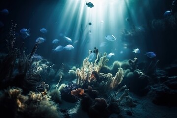 Naklejka na ściany i meble an underwater scene with fish and corals in the water and sunbeams above the ocean floor and under the water surface, with sunlight streaming through the water. generative ai