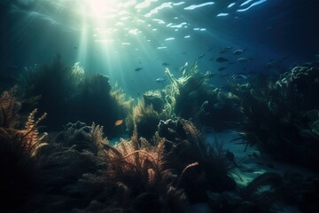 Fototapeta na wymiar an underwater view of a coral reef with a sunbeam in the background and fish in the foreground, with sunlight streaming through the water. generative ai