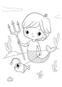 A cute mermaid boy walks with his pet. Merman with his pet fish. Illustration coloring book for children
