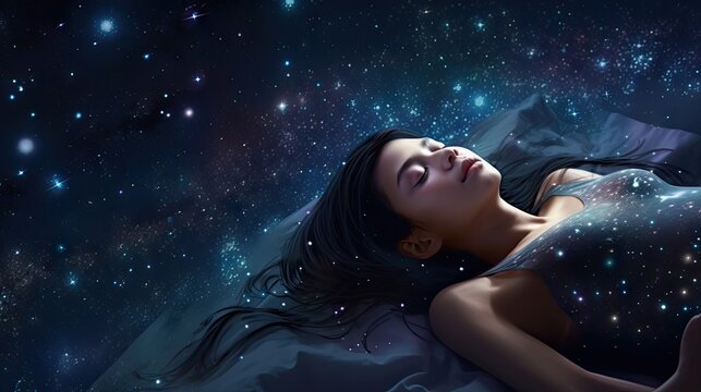 Young Asian Woman Sleeping in Deep Space with Stars - Generative AI