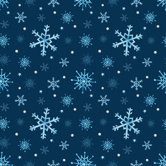 Fototapeta na wymiar Watercolor seamless pattern with snowflakes. Hand painting on an isolated background. For designers, decoration, postcards, wrapping paper, scrapbooking, covers, invitations, posters and textile