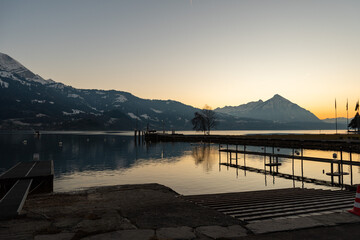 Evening mood at the lake of Thun in Unterseen in Switzerland