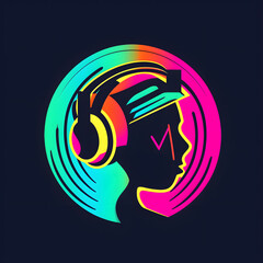 Logo, head with headphones, girl with headphones, logo for a dj or music podcast