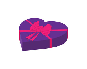 3d vector design of a birthday gift in the shape of a dark purple love or heart with an attractive and beautiful bow tie on the top and two other ribbons tied criss-cross at the corners of the gift