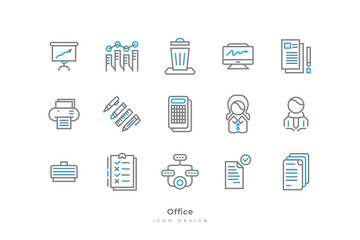 Set of Office Icons with Simple Line Style. Contains Stationery, Document, Computer, Printer, Man, Women, Briefcase and More