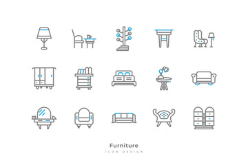 Set of Furniture Icons with Simple Line Style. Contains Lamp, Chair, Table, Cupboard, Wardrobe, Bookshelf, Bed, Mirror and More