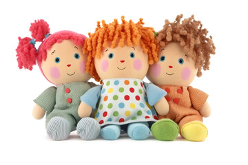 Colorful funny stuffed dolls isolated on white, illustration generative AI