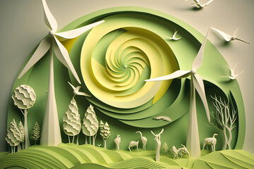 Paper art, renewable eco green energy as wind turbines, Generative AI 2