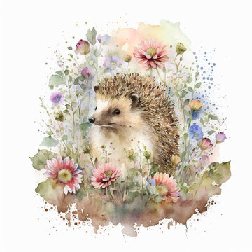 recommend clip art: Ein süßer kleiner Igel mit spitzer Schnauze in einem Blumenmeer als digital erstellte Kunst im Stil eines Aquarells.