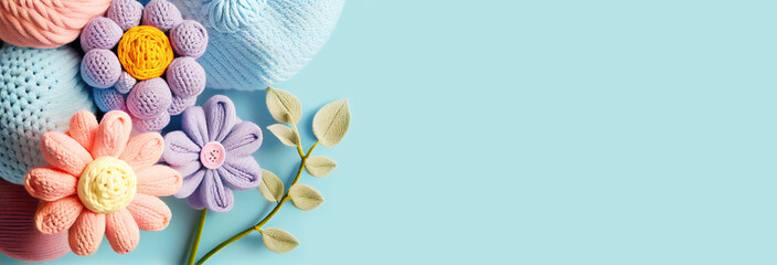Crochet banner with spring flowers on light blue background for Mother's day, Easter, Woman's day, 8 March, birthday, wedding, springtime card. Spring banner with copy space. Generative AI.