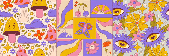 Trippy graphic poster set retro groovy flower and eye. Poster square with sun, rainbow and butterfly. Trippy groovy 70s graphic. Cartoon vector illutration. Seamless pattern with daisy, eye