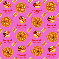 Chinese food seamless pattern. Hand drawn different types of asian food in wooden steamers repeating background. Tasty chinese food, delicious har gao, sticky rice, rolls.