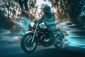 Fototapeta na wymiar a man riding a motorcycle down a road next to a forest filled with lots of trees on a sunny day with blue lights on the side of the road. generative ai