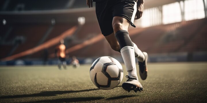 Legs shot of soccer player training in sports field. Copy space for text or advertisement. Generative AI illustration