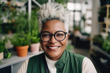 Portrait of Black woman small business owner in plant retail store. Generative AI. 
