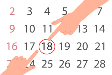 Tax day 2023 reminder concept. April 18. Two hands point the marked date in calendar. Horizontal poster, placard. Vector illustration isolated on white background