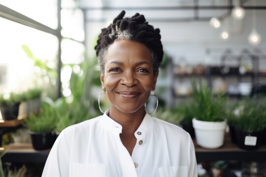 Portrait of confident Black woman small business owner in plant retail store. Generative AI. 