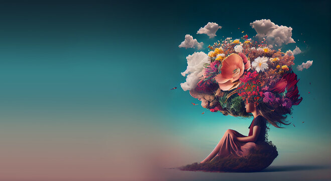 Woman with colorful cloud and  flowers, mind of freedom, positive optimistic attitude, hope and emotion concept, mental health, generative AI