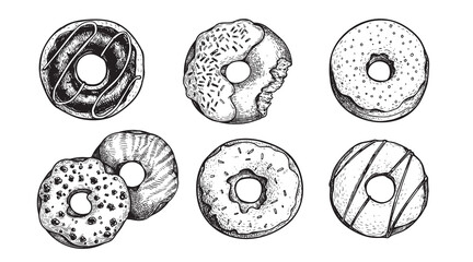 Hand drawn sketch style tasty donuts set. Sweet desserts collection. Best for posters, menu designs and packaging. Vector illustrations.