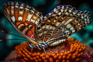 Fototapeta na wymiar Schmetterling auf einer Blume mit offen entfaltenden Flügeln