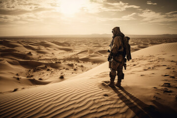Einsamer Krieger in der Wüste dem Horizont entgegen blickend