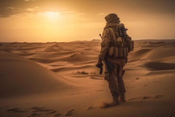 Obraz na płótnie Canvas Einsamer Krieger in der Wüste dem Horizont entgegen blickend