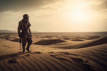 Einsamer Krieger in der Wüste dem Horizont entgegen blickend