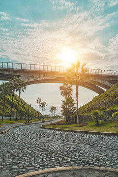 Sunset view from La Bajada de Balta in Miraflores, in the city of Lima. Peru