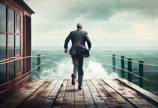 Businessman running on the docks close to the sea. Generate Ai.