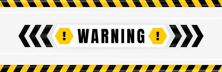 Warning badge placed on gray background with black and yellow line striped. Attention label with Exclamation mark on hexagon. Vector illustration