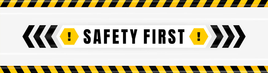 Safety first badge placed on gray background with black and yellow line striped. Attention label with Exclamation mark on hexagon. Vector illustration