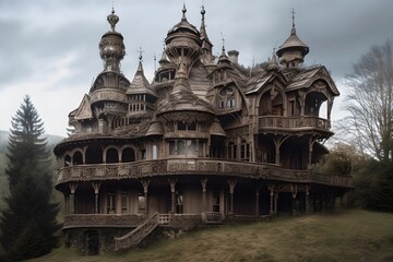 wooden castle in the middle of the forest