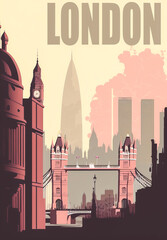 Obraz premium A retro London poster featuring its famous monuments and sculptures against a distinctive architectural background to create a unique London atmosphere. Generative AI