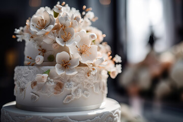 Obraz na płótnie Canvas Beautiful white wedding cake decorated with white sugar mastic flowers. Beautiful delicious white cake in a restaurant. Wedding cake for a new life, newlyweds and their guests. Generative AI