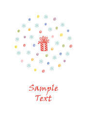 Merry Christmas or Happy New Year Greeting Card Template. Winter Holiday Xmas Background. Hand drawn Doodle Christmas Gift, Snow, Snowflakes, Stars