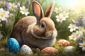 Cute Easter bunny among painted Easter eggs and flowers. Generative Ai illustration