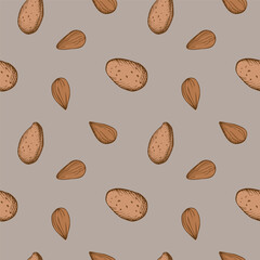 Seamless repeating pattern with almond nuts on a gray background. A bunch of  nuts, dried almonds. Walnut collection, agriculture, organic farming, healthy food symbol. Drawn by hand.