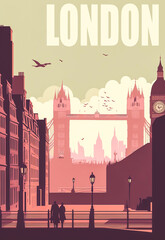 Spectacular view of the city of London and its famous monuments, vintage poster ideal for adding atmosphere to graphic designs. Generative AI - obrazy, fototapety, plakaty
