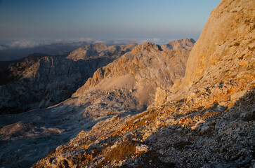 Fototapeta na wymiar Morning mountain scenery after sunrise in the Julian Alps.