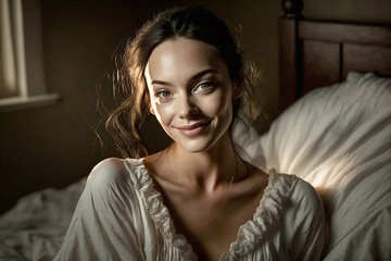 young woman in nightgown lies in bed in the morning, daylight through small window. Generative AI