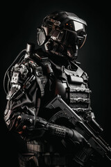 Fototapeta na wymiar A prototype of a modern black military police uniform for special units. The concept of futuristic military solutions shows the future of armaments. generative ai