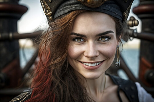 a mature adult woman is a pirate on a pirate ship, fictional location. Generative AI